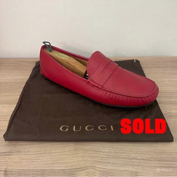 Gucci Red Leather Penny Loafers Logo Stamp rubber sole Men's Size 9.5 G - Picture 1 of 9